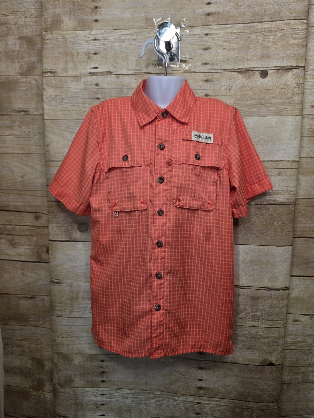 Magellan Outdoors Kids Short-Sleeve Orange Plaid Button-Front Shirt